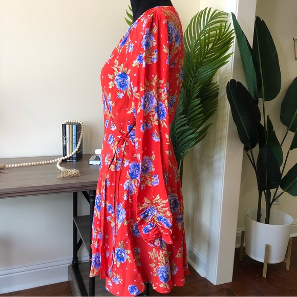 Zara Floral Red Deep V-neck Long Sleeve Wrap Dress Large - Picture 8 of 11